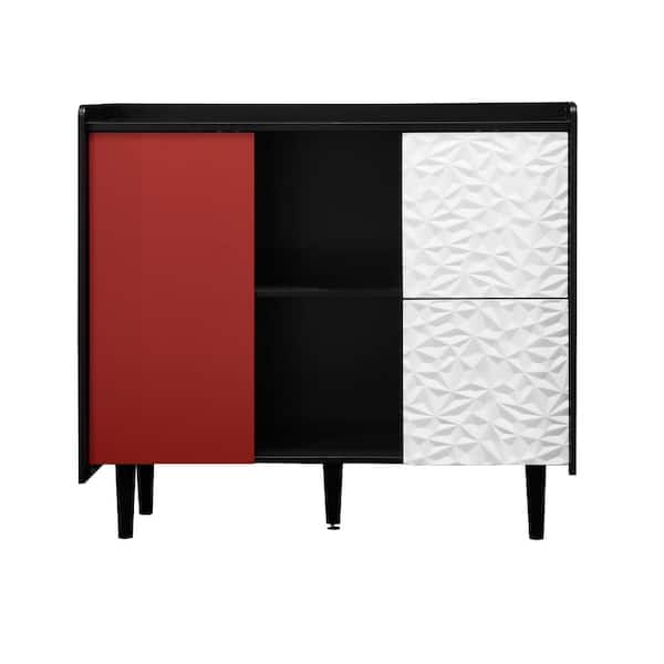 Black MDF 15.74 in. Sideboard Buffet Cabinet Red Doors 2 Drawers Unique Panel Styling and 2 Open Storage Compartment