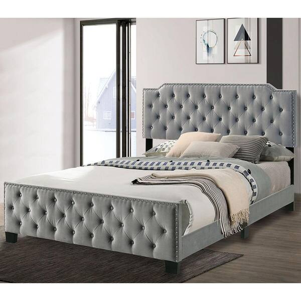 Furniture of America Larchemont Gray Queen Panel Bed with Tufted Headboard and Care Kit