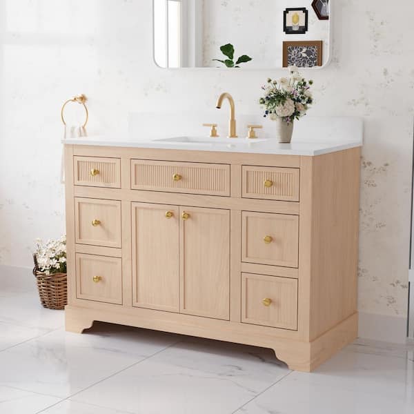 Fully Assembled 48 in. Freestanding Single Sink Solid Wood Weathered Oak Finish Bath Vanity with White Quartz Top
