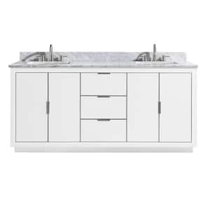 Austen 73 in. W x 22 in. D Bath Vanity in White/Silver Trim with Marble Vanity Top in Carrara White with White Basins
