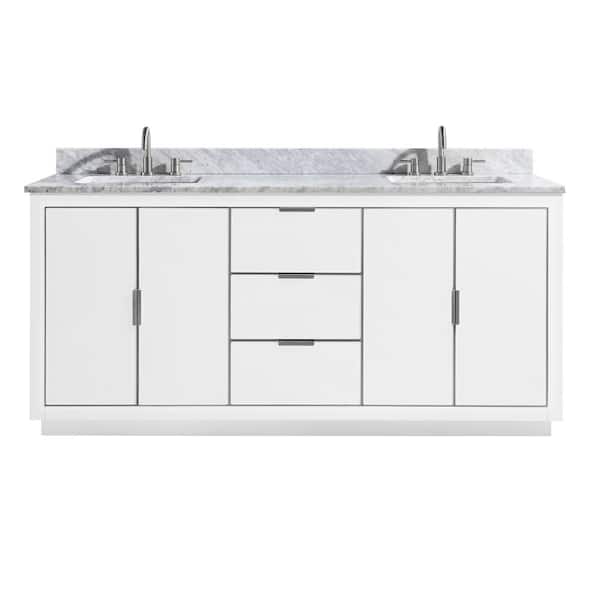Avanity Austen 73 in. W x 22 in. D Bath Vanity in White/Silver Trim with Marble Vanity Top in Carrara White with White Basins