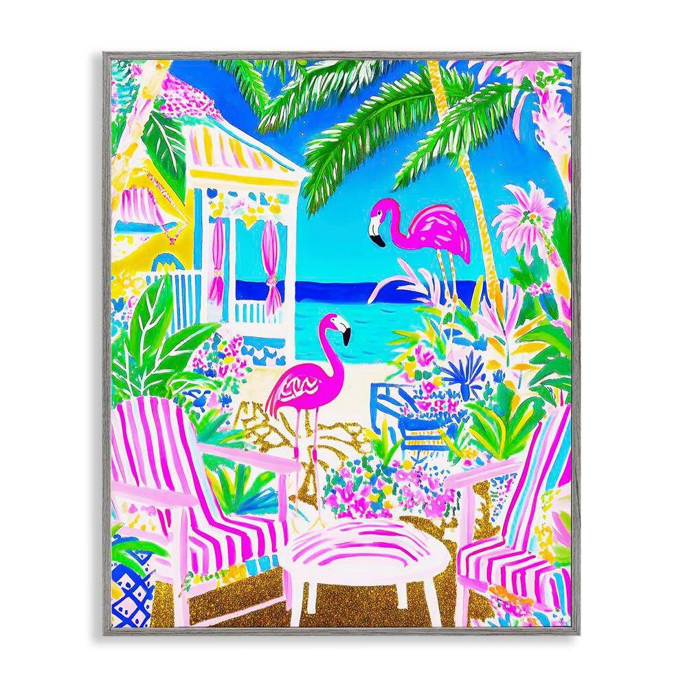 Vivid Flamingos on Tropical Beach by Jess Stempel Gray Framed Nature Giclee Art Print 14 in. x 11 in. price history on PriceWatchPro