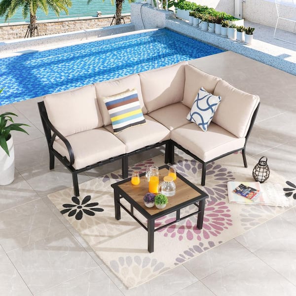 Patio Festival 5-Piece Metal Patio Conversation Set with Beige Cushions