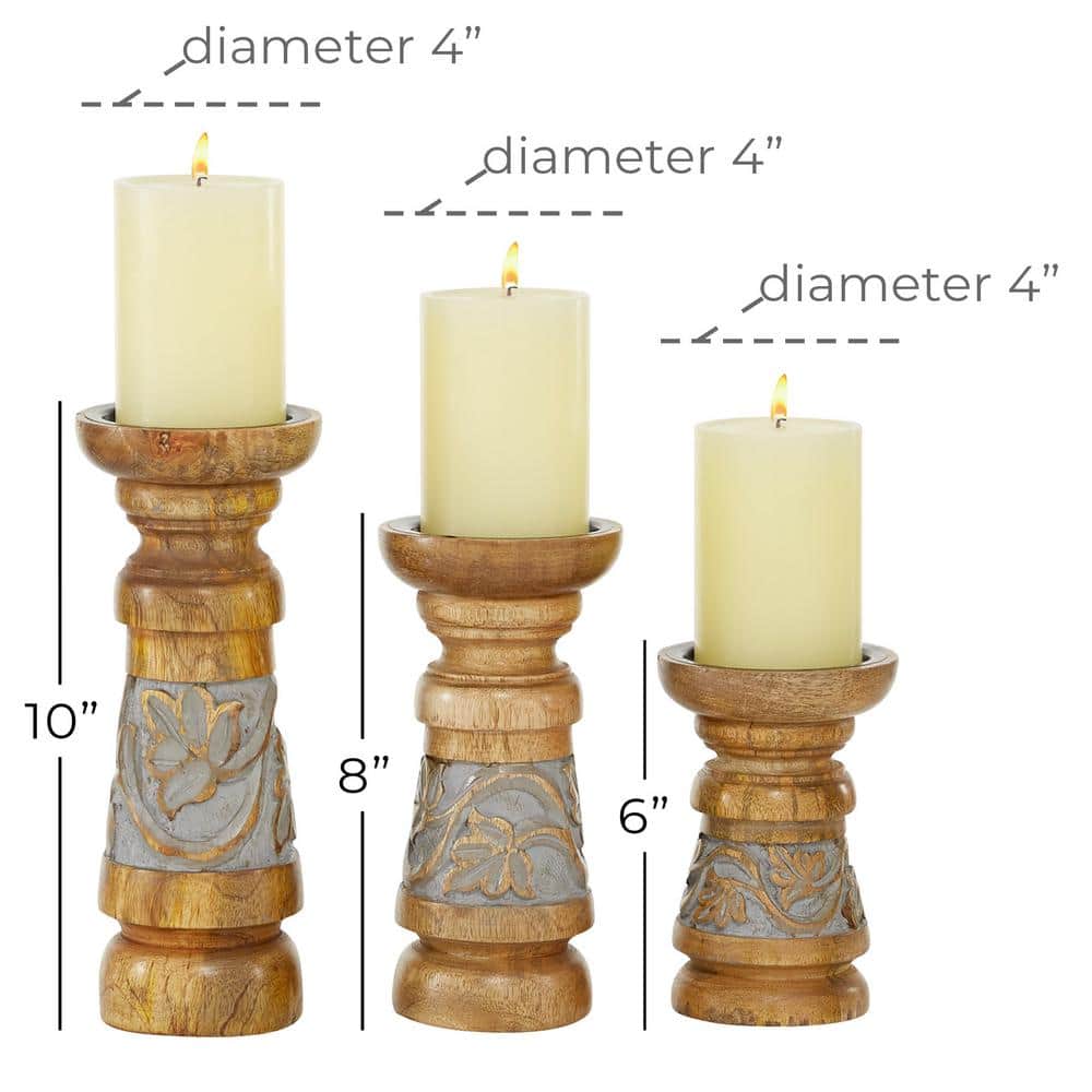 Elegant Bronze & Wood Pillar Candle Holder Trio, 3.9" x 9.95"