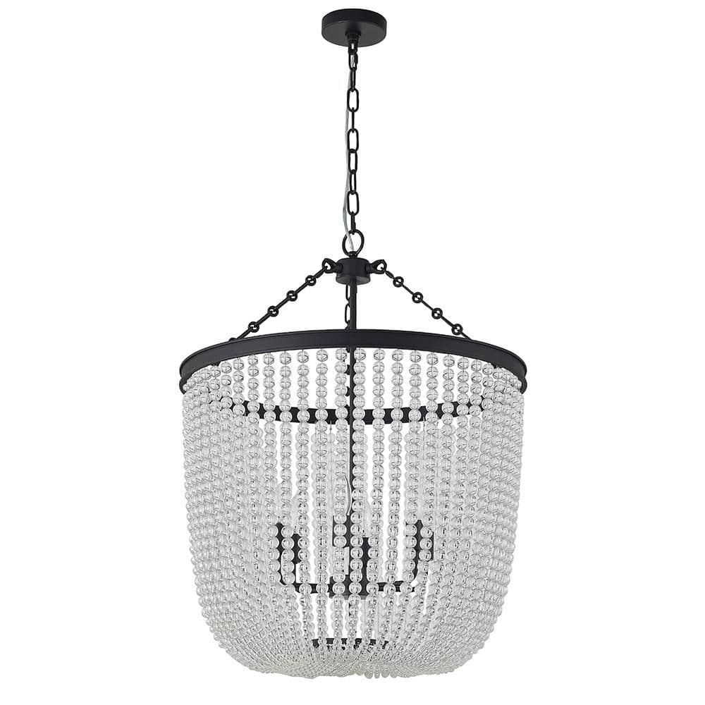 6-Light Satin Black Chandelier With Clear Beaded hanging Glass