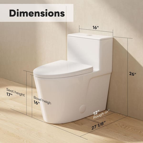 Rough in 12 in. Elongated One-Piece Toilet 1.0/1.6GPF in White, Dual Flush Skirted Toilet, Seat Included