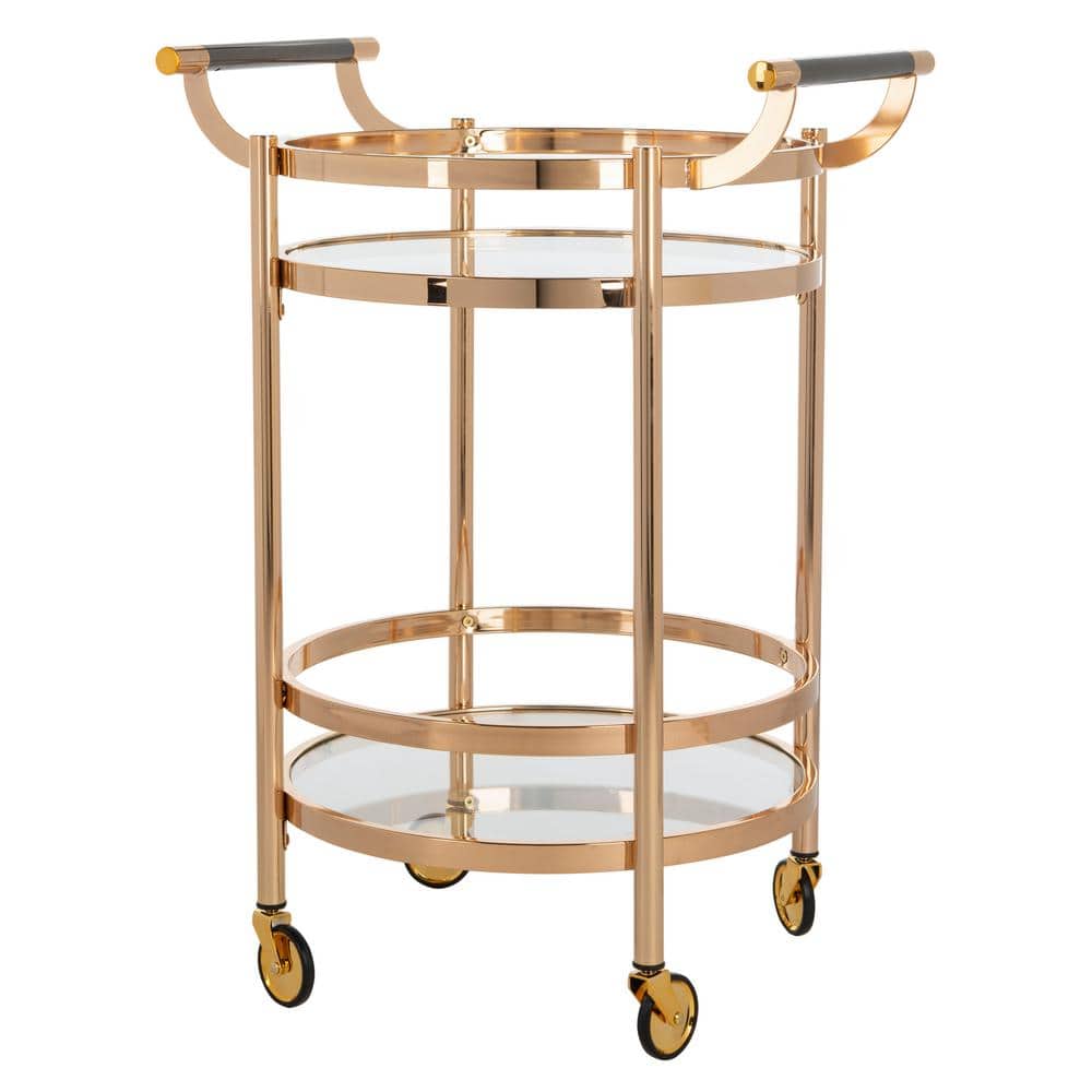 Transitional 24" Gold Metal and Glass Round Bar Cart with Wine Storage