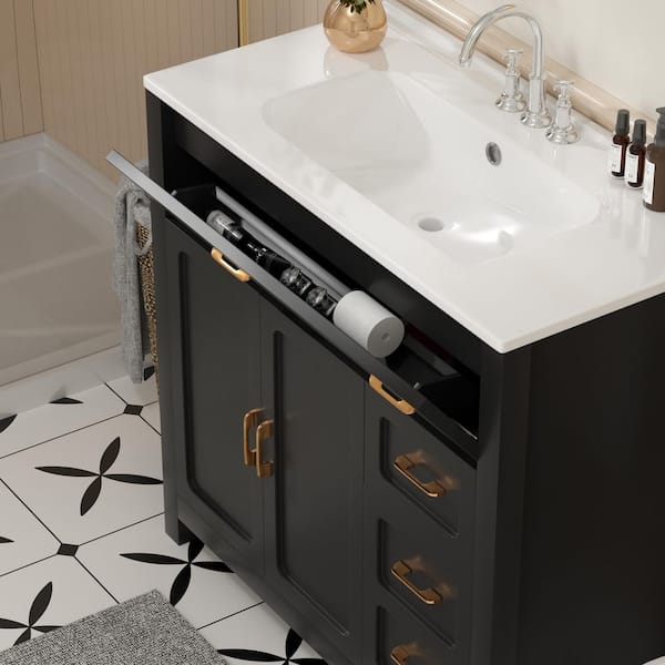 30 in. Single Sink Freestanding Black Bath Vanity with White Ceramic Top Unassembled