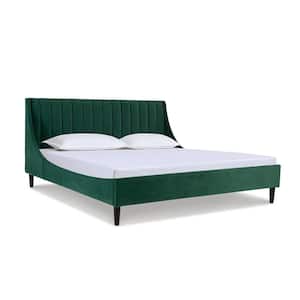 Aspen 79 in. Velvet Vertical Tufted Upholstered King Modern Platform Bed Frame with Headboard in Evergreen