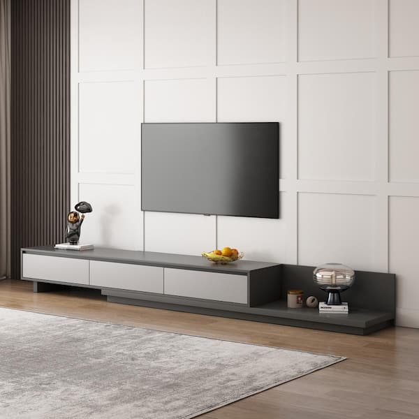 THE RIGHT PATH 118 in. Modern Gray Retractable TV Stand Extendable Media Console with 3 Drawers