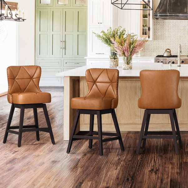 Hampton 26 in. Whiskey Brown Solid Wood Frame Counter Stool with Faux Leather Upholstered Swivel Bar Stool Set of 4