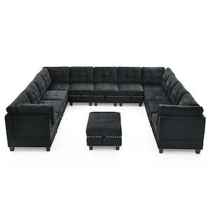 116 in. Square Arm 1-Piece Velvet U-Shaped Sectional Sofa in Black
