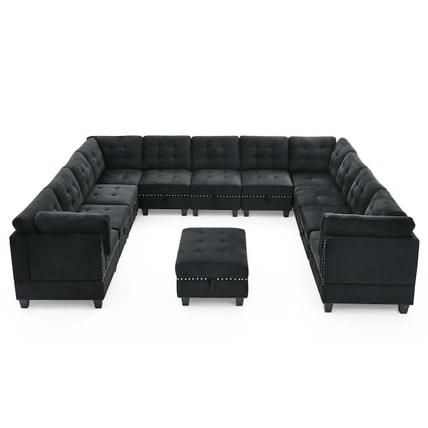 wetiny 116 in. Square Arm 1-Piece Velvet U-Shaped Sectional Sofa in Black