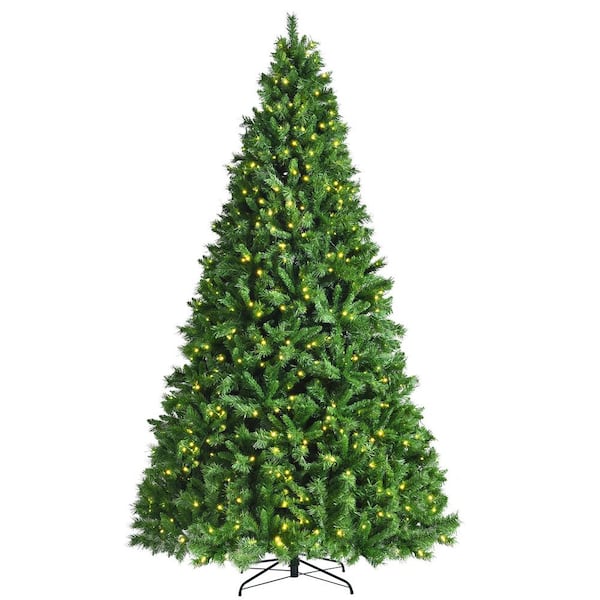 Costway 9 ft. Green Pre-Lit LED Hinged Regular Artificial Christmas Tree with 8 Modes Lights and Foot Pedal