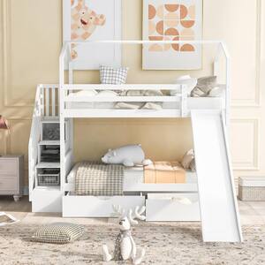 White Twin Kids Bunk Bed with Slide and Staircases, Wood Playhouse Bunk Bed Frame with Steps and 2 Drawers