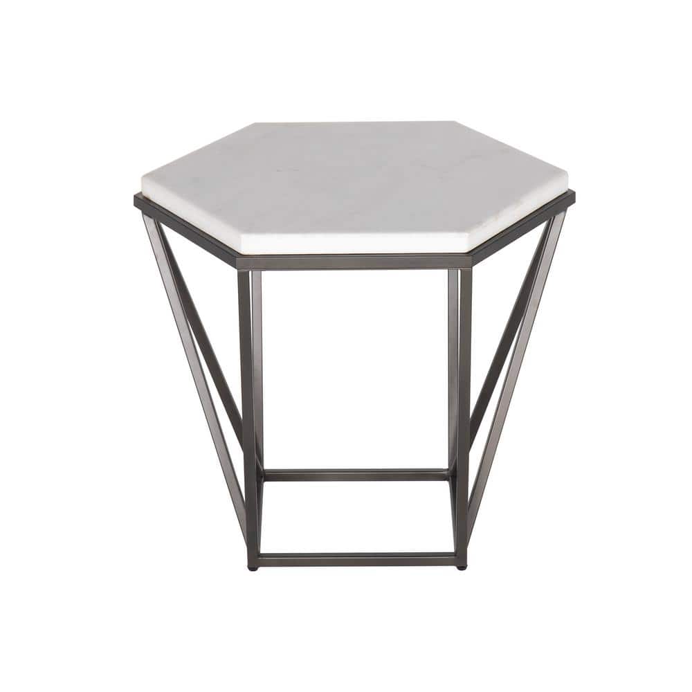 Transitional Hexagonal White Marble & Coffee Metal End Table