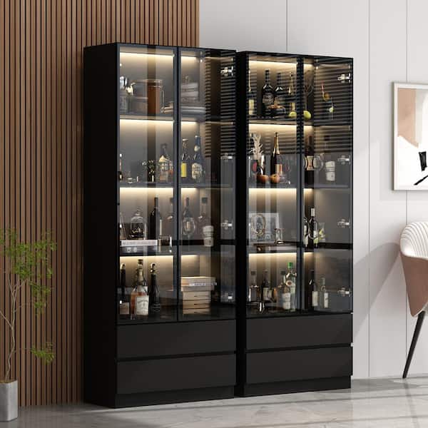 FUFU GAGA 78.7 in. Black Wooden Accent Storage 78.7 High Cabinet with 2 Glass Doors Drawers Adjustable Shelves LED Lights Mathis Home