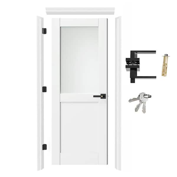 30 in. x 80 in. Half-Lite Frosted Glass Primed Wood Door with Quick Assemble Door Jamb, Lock and Latch, Left-Handed