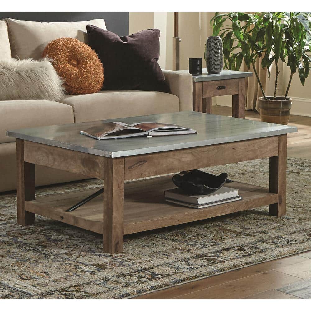 Industrial Rustic Wood and Zinc Metal Coffee Table with Shelf