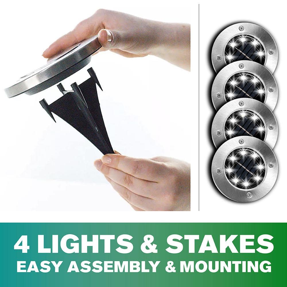 Stainless Steel Solar-Powered LED Pathway Disk Lights, 4-Pack