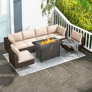 7-Piece Wicker Patio Conversation Set with 44 in. Black 50,000 BTU Fire Pit Table w/Wind Guard in Beige Cushions