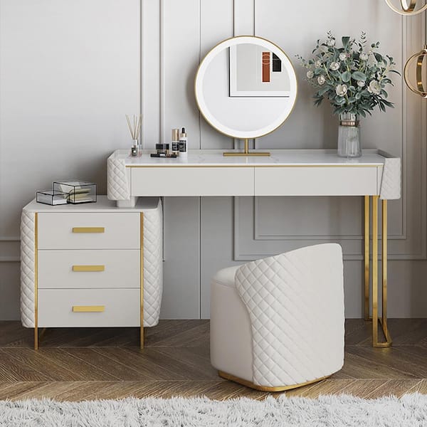 3-Piece Modern Luxury 31.5 in. White Makeup Vanity Set Sintered Stone Dressing  Table with Stool and LED Lighted Mirror Vanity Set-047 - The Home Depot