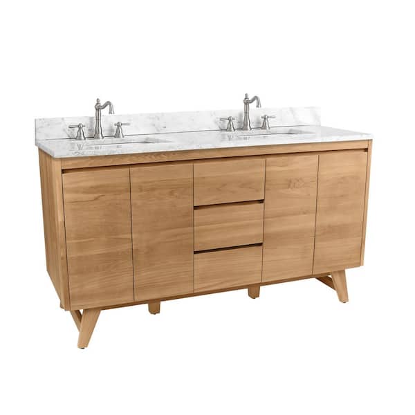 Coventry 61 in. Double Sink Natural Teak Bath Vanity with Carrara White Marble Top