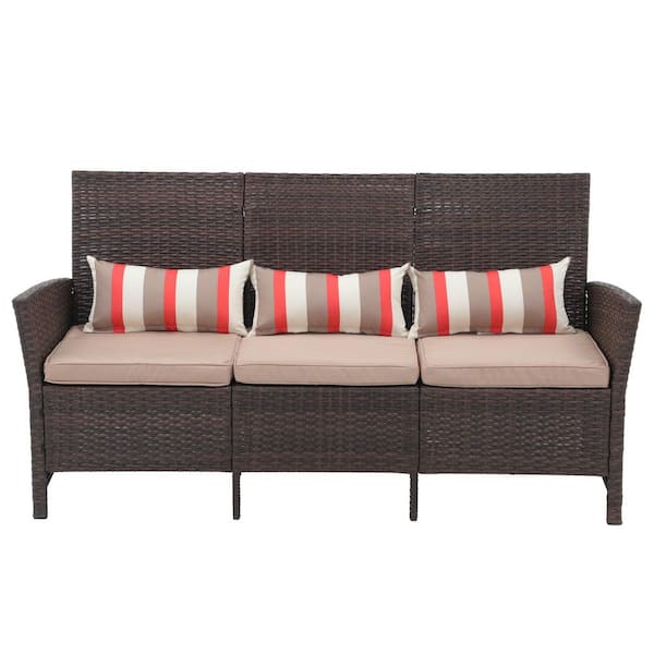 Outdoor Furniture 3-Seats Patio Couch, Outdoor Wicker Sofa, Brown PE Wicker with Beige Cushions and Lumbar Pillows