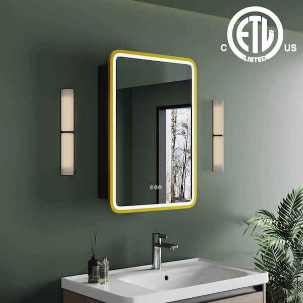 Thalia 20 in. W x 28 in. H Rectangular Iron Small LED Defogging Medicine Cabinet with Mirror, Gold, Right Hinge