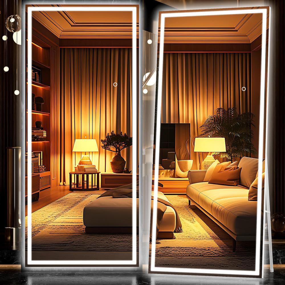 36 in. W x 79 in. H Square White LED Lighted Floor Standing Mirror, Hanging