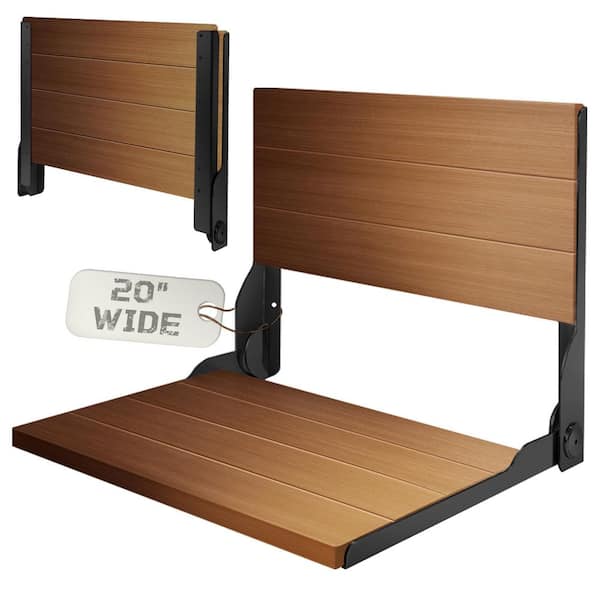 20 in. W Folding Large Heavy-Duty Wall Mount Solid Teak with Stainless Steel Hardware Shower Seat in Black