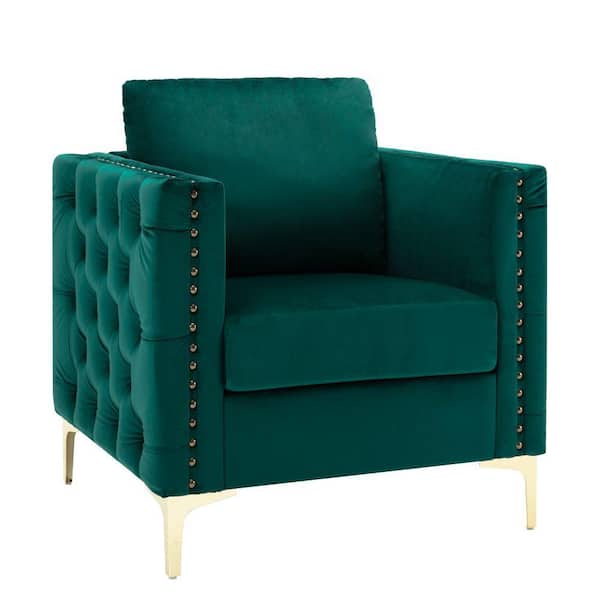Unbranded Green Modern Velvet Tufted Button Arm Chair with Steel Legs(Set of 1)