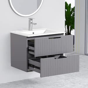 24 in. W Single Sink Floating Bath Vanity in Gray with White Ceramic Top and 2 Drawers