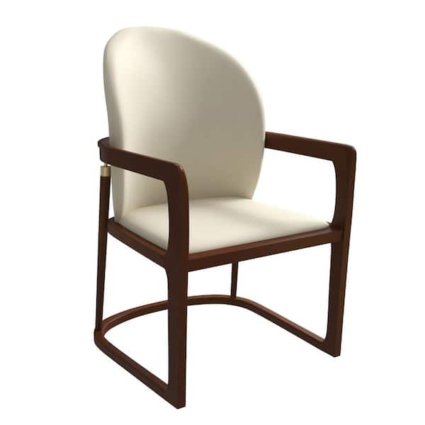 Leisuremod Solid Wood Frame Dining Chair Modern Breathable Accent Arm Chair Upholstered in Leather Svelta Series in Cream