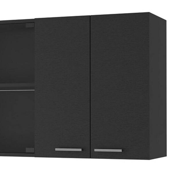 59 in. W x 12.4 in. D x 23.6 in. H Black Wood Ready to Assemble Wall Kitchen Cabinet with Center Glass Doors