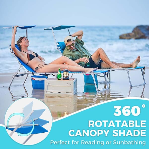 Unbranded Lounge Chair with Canopy Shade, Portable Adjustable 5-Position Patio Chaise Lounger with Pillow