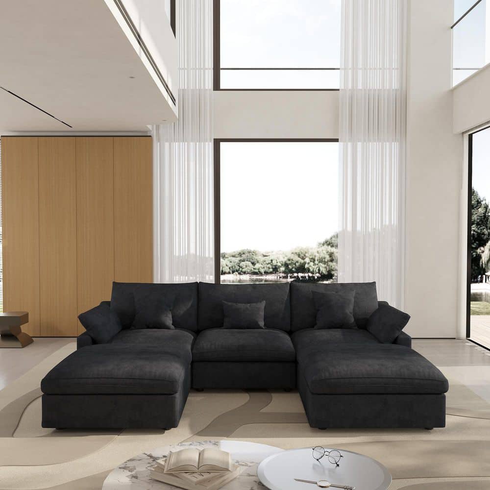119.2 in. Square Arm 5-Piece Linen U-Shaped Down Feather Modular Free Combination Sectional Sofa with Ottoman in Black