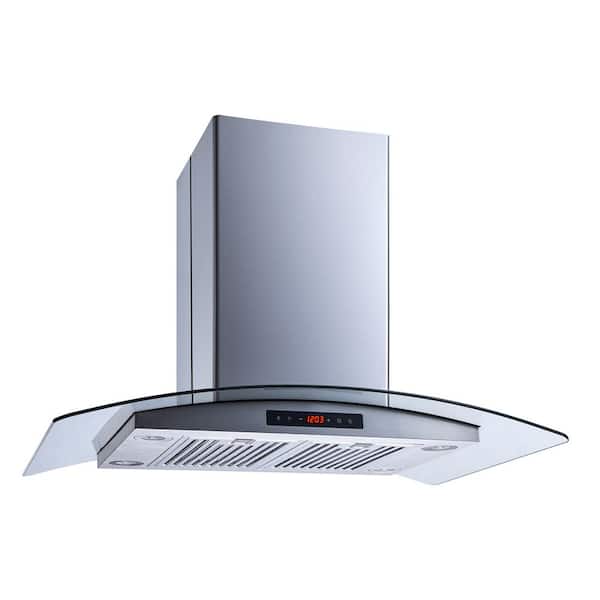 36 in. 600 CFM Convertible Island Mount Range Hood in Stainless Steel/Glass with Baffle Filters