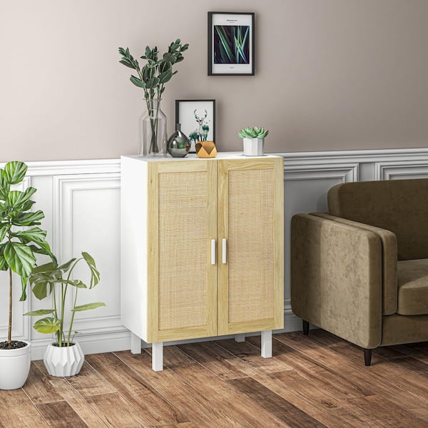 White Natural Sideboard Buffet Cabinet, Kitchen Cabinet, Coffee Bar Cabinet with 2 Rattan Doors and Adjustable Shelves