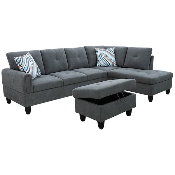 Star Home Living Starhome Living 25 in. W Round Arm 3-Piece Fabric L Shaped Sectional Sofa in Gray