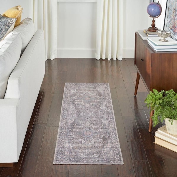 57 Grand Machine Washable Grey 2 ft. x 10 ft. Floral Traditional Kitchen Runner Area Rug