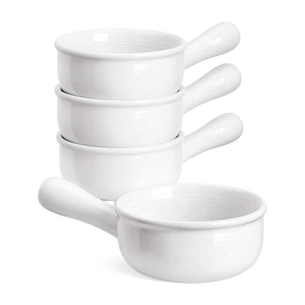 4-piece White Ceramic Soup Bowls with Dual-Drain Handles Oven Microwave Dishwasher Safe for French Onion
