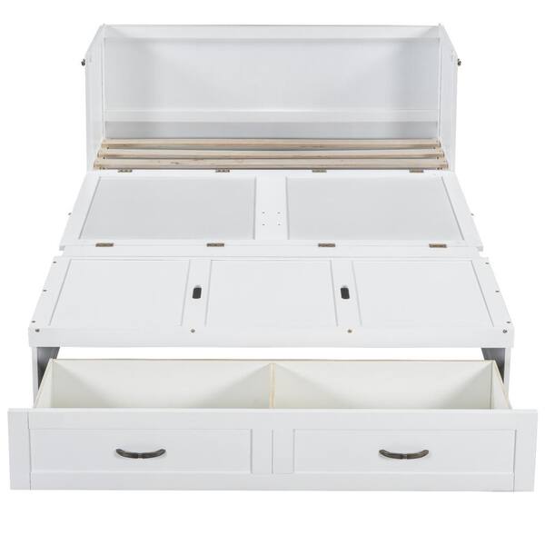 Qualler White Wood Frame Full Size Murphy Bed with USB Ports and Drawers