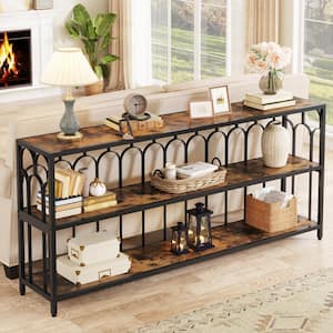 Benjamin 71 in. Rustic Brown Rectangle Wood and Metal Console Table, 3 Tier Narrow Sofa Table with Storage Shelves