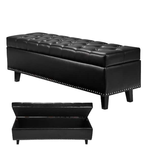 Button-Tufted Storage Ottoman Bench, PU Leather Bench with Storage and Solid Wood Legs, Modern Shoe Benches Seat, Black