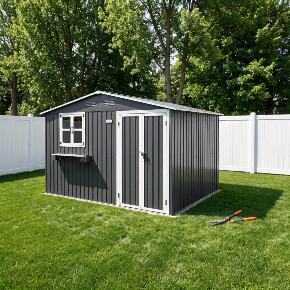 Grey 10 ft. x 8 ft. Weatherproof Metal Garden Storage Shed with