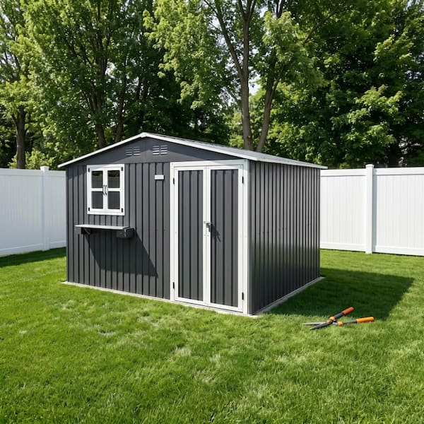 Grey 10 ft. x 8 ft. Weatherproof Metal Garden Storage Shed with