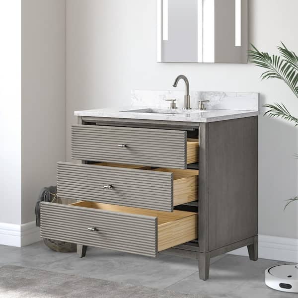 36 in. W Single Sink Freestanding Driftwood Gray Bath Vanity Cabinet with Arabescato White Engineered Marble Top