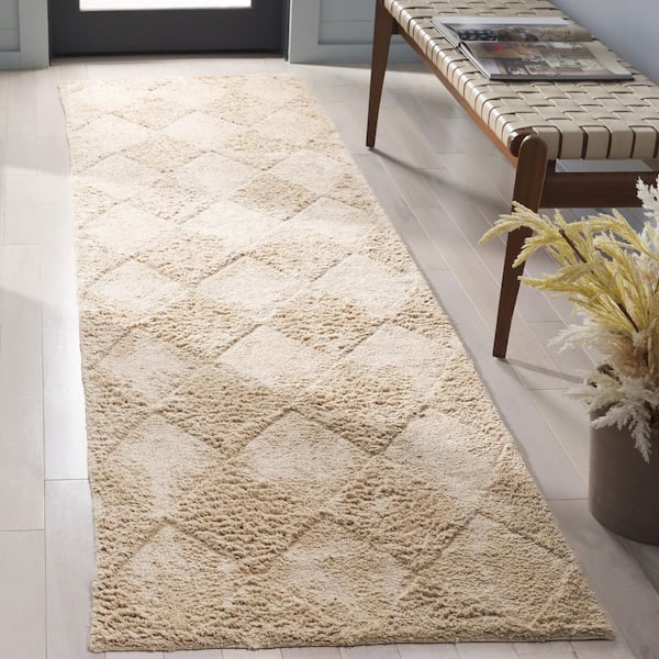Easy Care 2 ft. x 9 ft. Beige Machine Washable High-Low Diamond Solid Runner Rug
