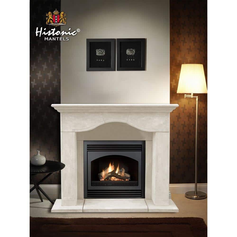 Distressed Ivory Sand Cast Stone Fireplace Surround with Hearth